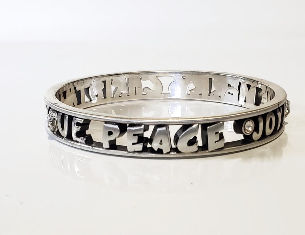 Brighton Christmas Peace Love Winter Joy Silver Tone Crystal Bracelet Bangle